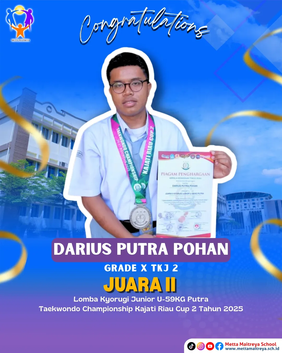 Congratulations To The Students Of SMK Metta Maitreya for Winning second place in the Junior U-59 KG Boys Kyorugi Competition Category